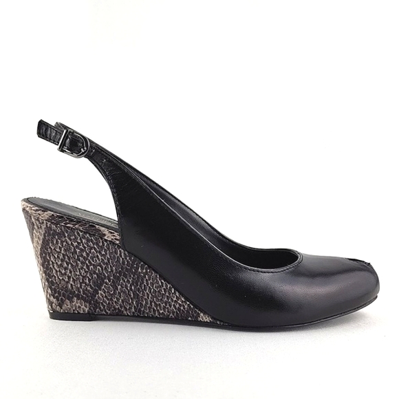 ARTURO CHIANG Black Leather Reptile Print Wedge Slingback Shoe Peep Toe Sz 7.5M - Picture 3 of 16